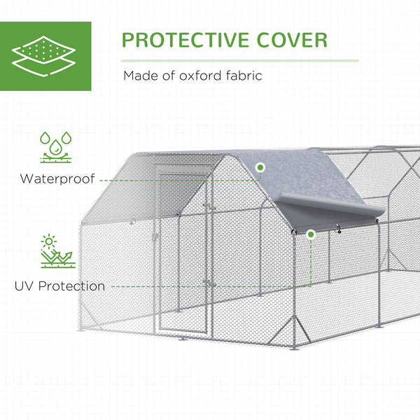 Galvanized metal chicken coop with flat roof and tarp