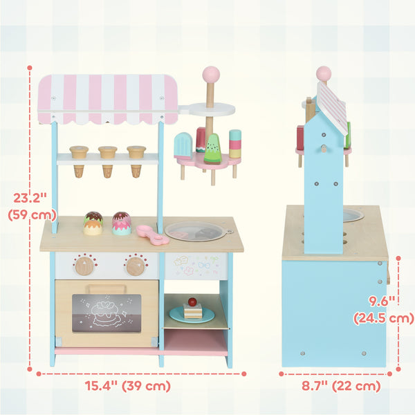 Children's wooden ice cream shop with pretend food and oven, ages 3 and up.