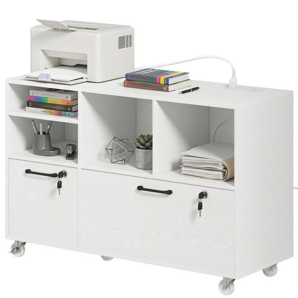 Wood-effect mobile filing cabinet with charging station and locking drawers, white