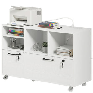 Wood-effect mobile filing cabinet with charging station and locking drawers, white