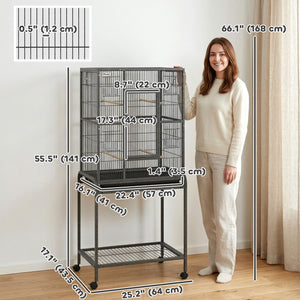Large bird cage with rolling stand, 4 perches and 4 feeders – Black