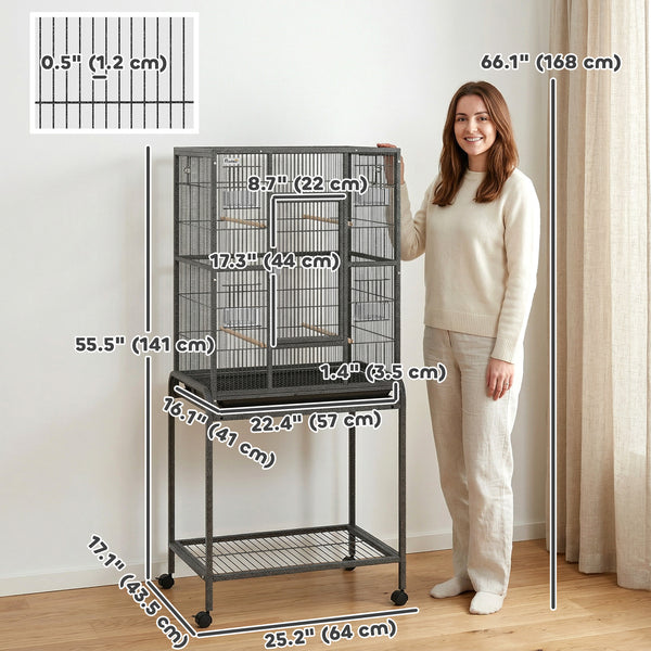 Large bird cage with rolling stand, 4 perches and 4 feeders – Black