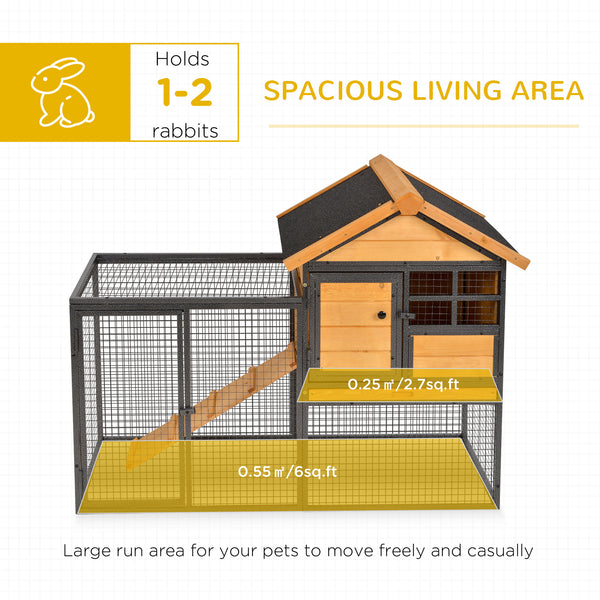 Outdoor hutch with run, sturdy metal frame, asphalt roof, and access ramp
