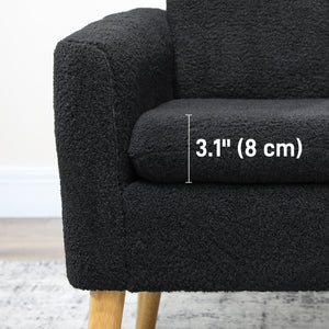 Fabric accent chair with wooden legs and wide padded seat, black