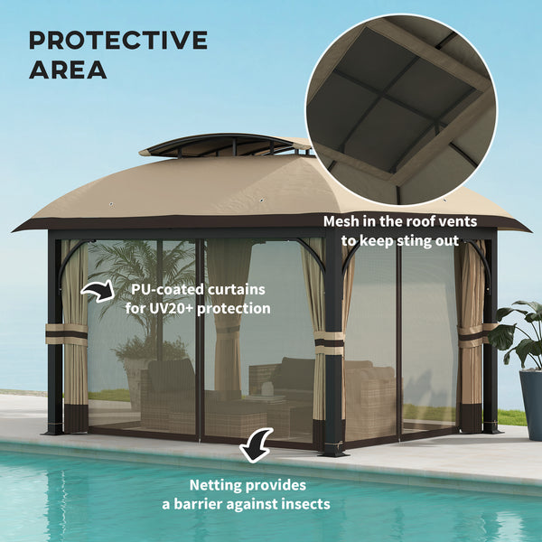 11' x 13' Gazebo, Double Roof, with Mosquito Netting and Curtains, Galvanized Metal Frame, Khaki