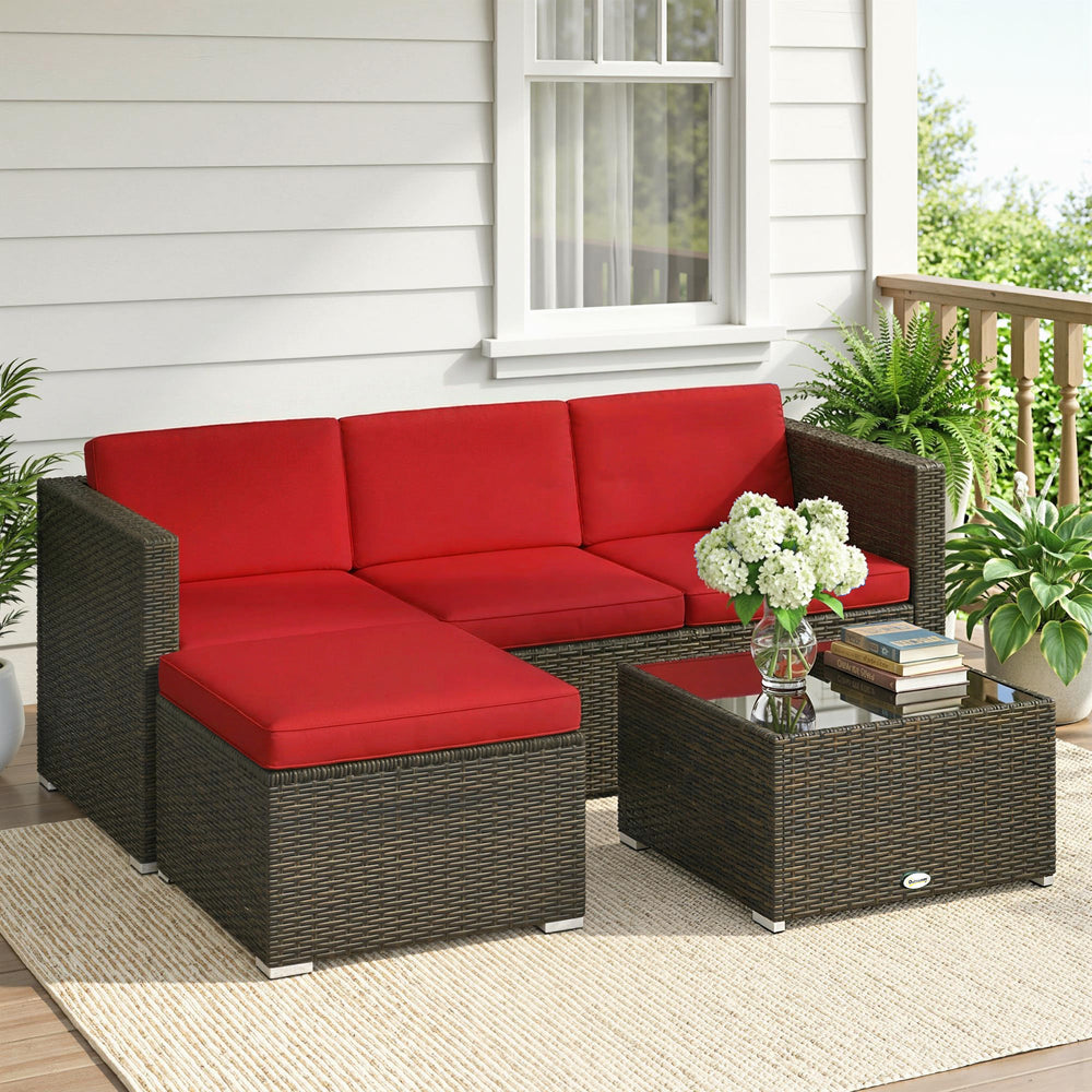 3 Piece Patio Furniture Set with Cushions, Outdoor PE Rattan Wicker Conversation Corner Sofa Set with Glass Top Table