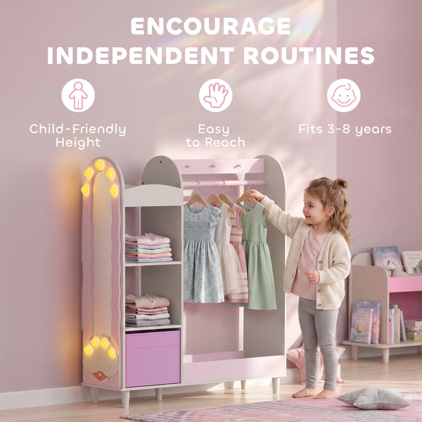 Children's wardrobe with illuminated mirror, hanging rail and storage, white/pink