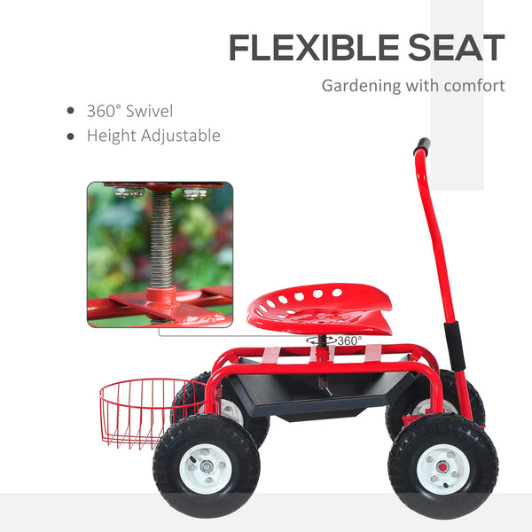 Red and black rolling trolley with swivel and adjustable seat