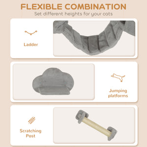 Wall-mounted cat tree with scratching post, ladder, hideaway and jumping platforms, light grey