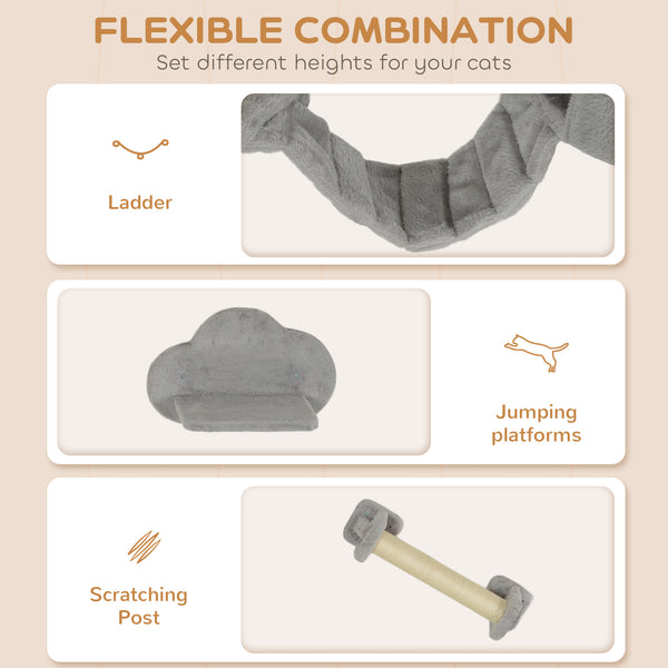 Wall-mounted cat tree with scratching post, ladder, hideaway and jumping platforms, light grey