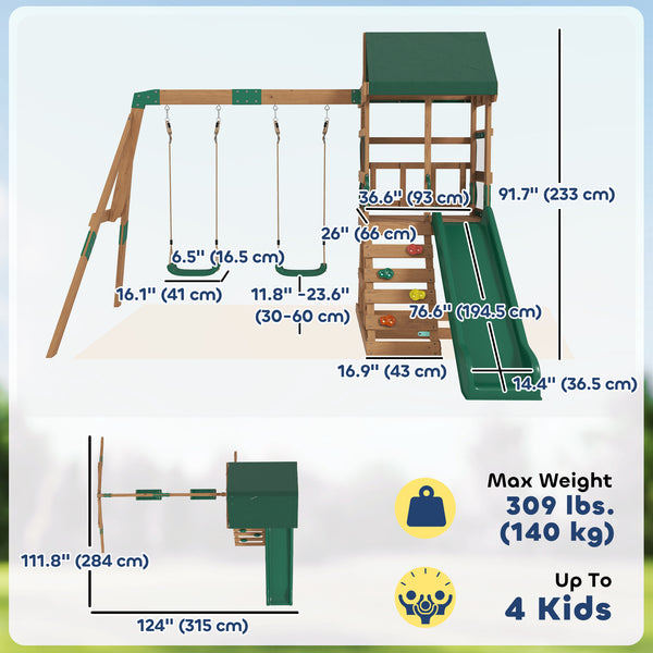 Outdoor play structure with slide, 2 swings, climbing wall and covered deck, outdoor children's play area
