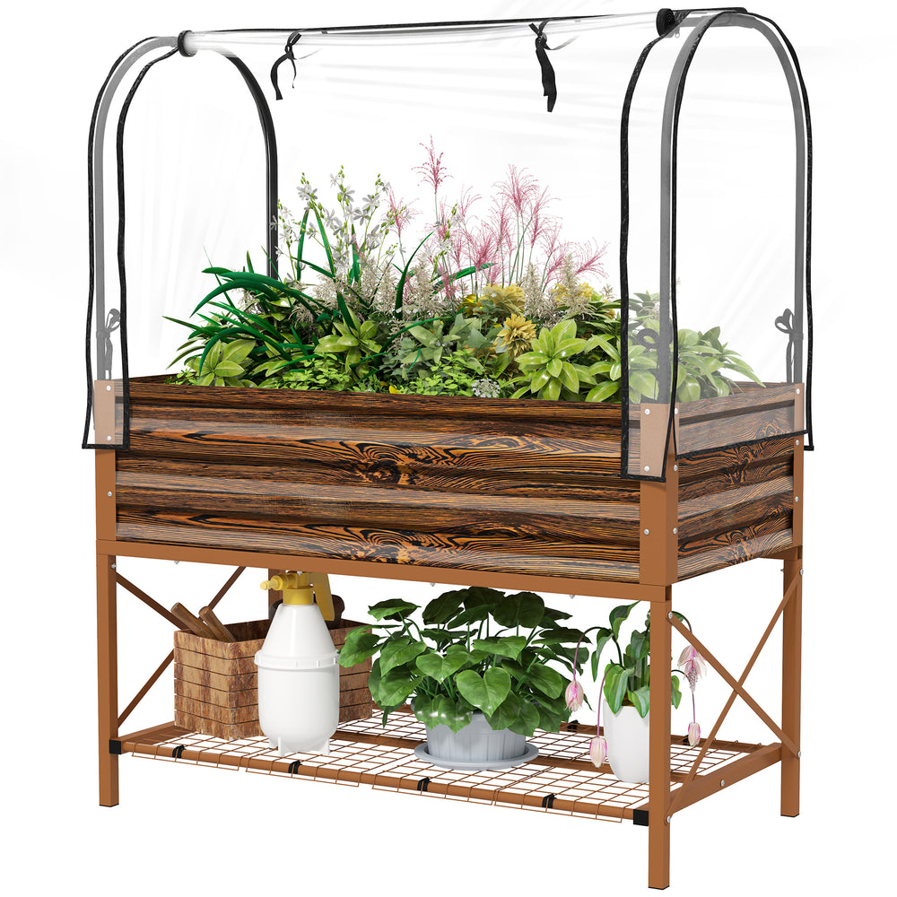 Raised planter with lid, lower shelf and liner, dark brown wood effect