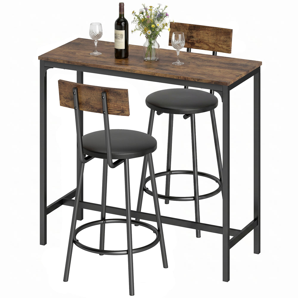Bar table with 2 upholstered stools, rustic brown