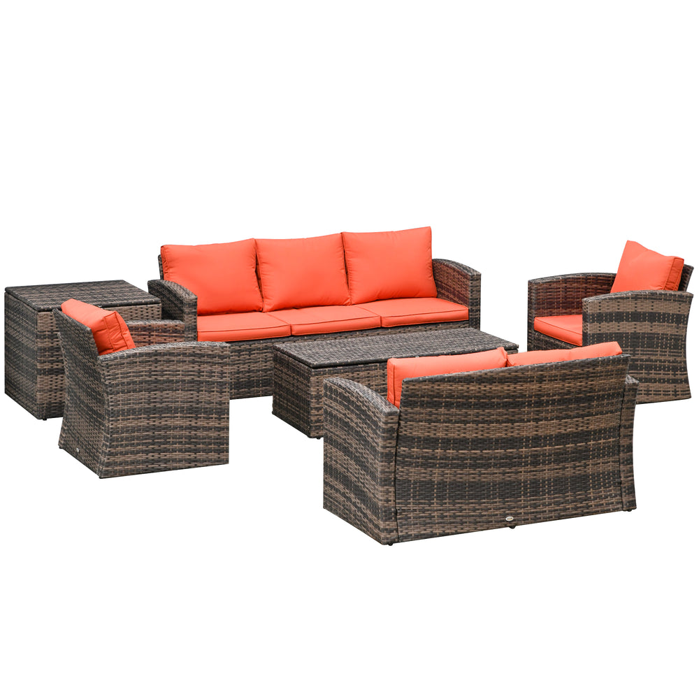 Ensemble de jardin en osier tressé comprenant 6 pièces avec coussins orange vif et table de rangement intégrée, parfait pour espace extérieur moderne.


