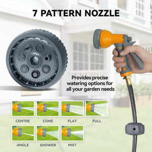 Retractable wall-mounted garden hose reel, orange.