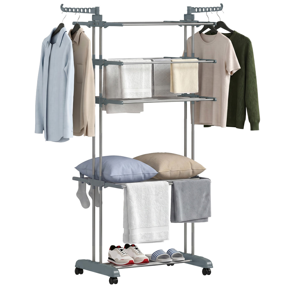 5-tier foldable clothes drying rack on wheels, grey
