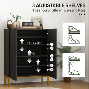 Shoe cabinet with adjustable shelves and soft-close hinges, for 15 to 20 pairs of shoes, black
