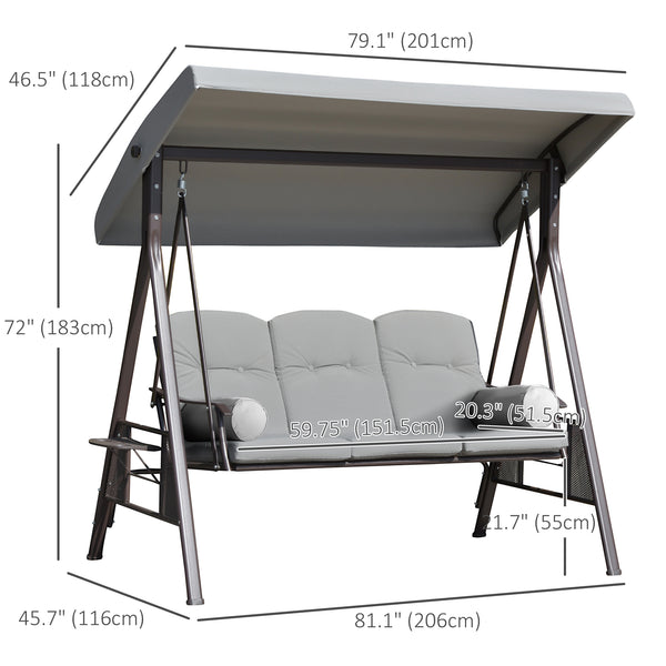 Swing chair for 3 people with steel canopy, light grey 