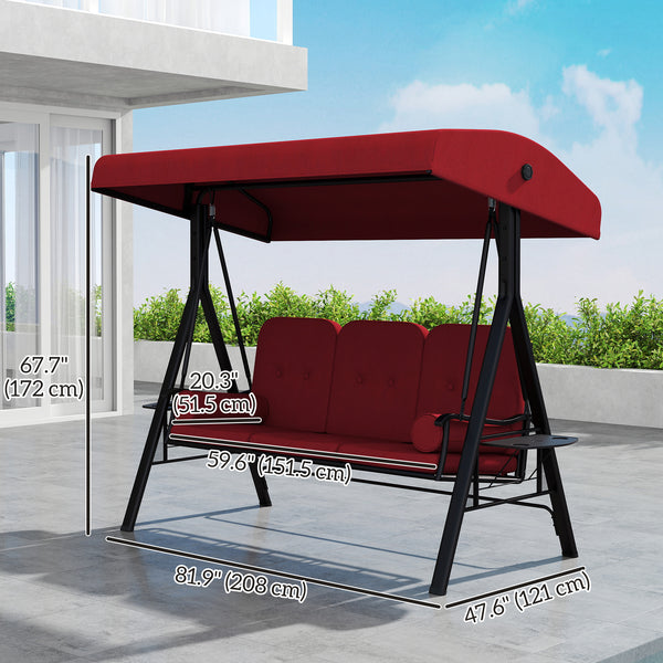 Swing chair for 3 people with steel canopy and padded seat, wine red