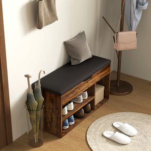 Shoe bench with padded seat and hidden storage – Rustic brown