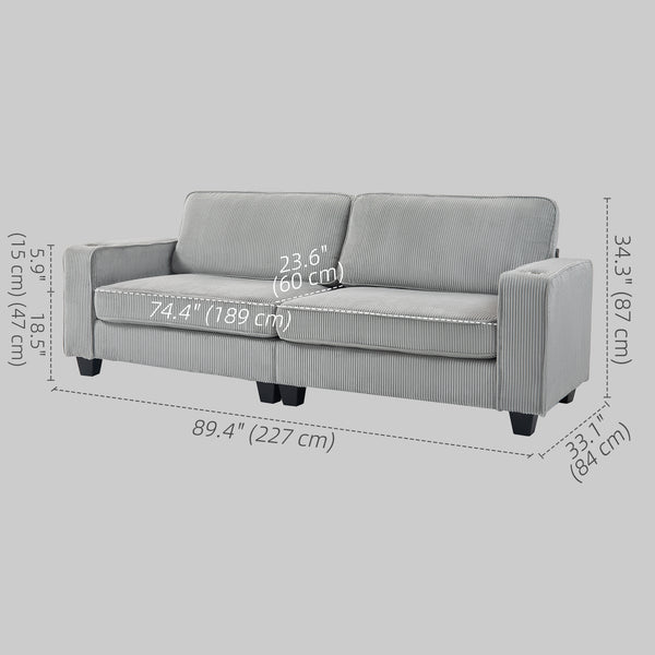 3-seater fabric sofa with spring cushion and cup holders, light grey