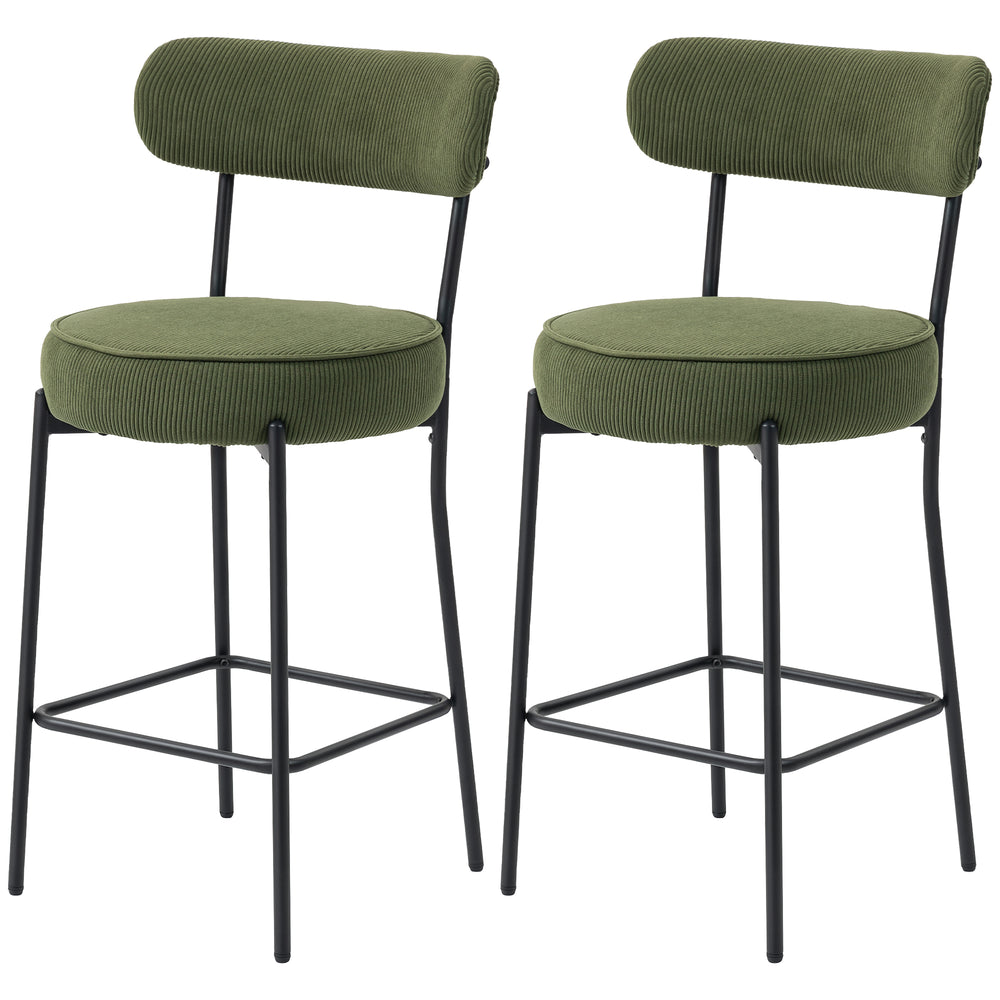 Set of 2 upholstered bar stools in corduroy, green