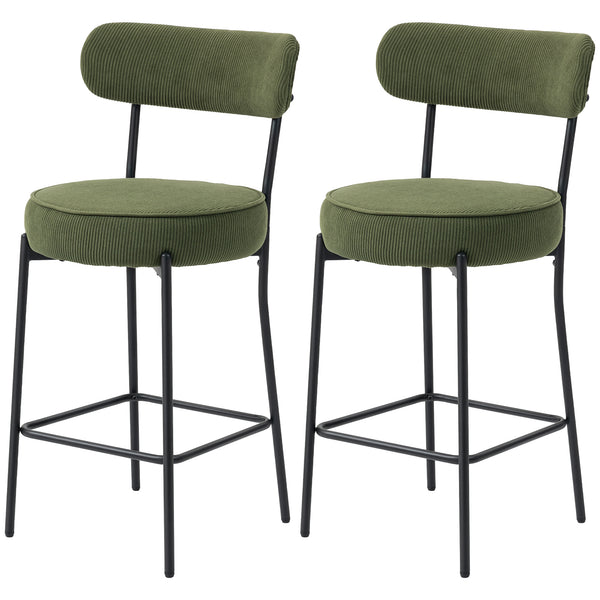 Set of 2 upholstered bar stools in corduroy, green