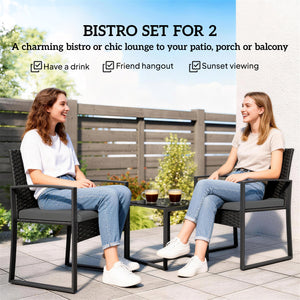 Outdoor Bistro Set, 3 Piece Wicker Patio Furniture Set with Glass Top Table and Cushions for Porch, Balcony, Dark Grey