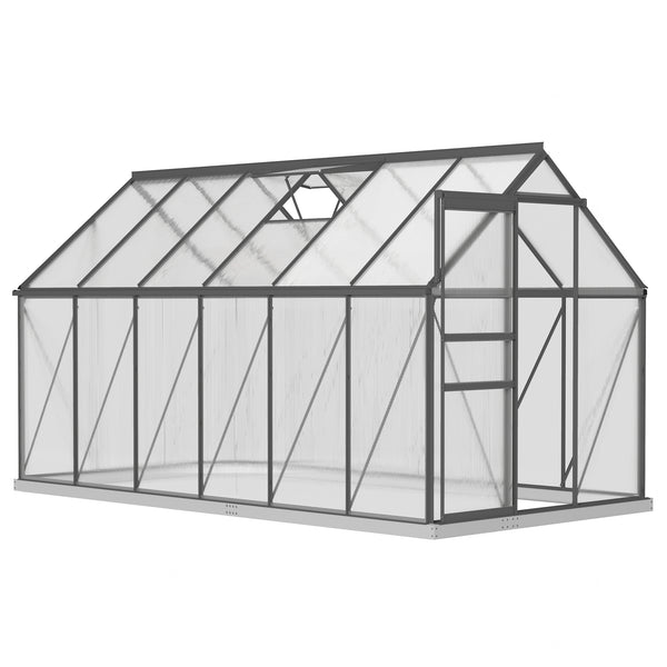 Ground-level greenhouse with adjustable roof ventilation, galvanized base, sliding door and gutter, anthracite grey