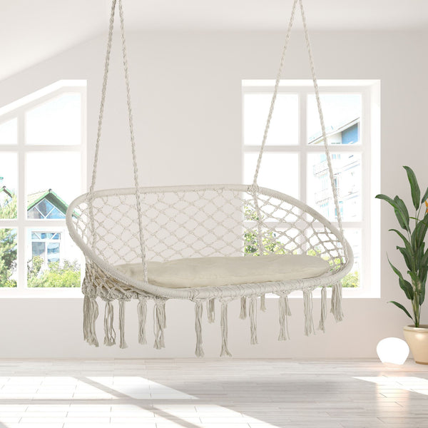 Patio Hammock Chair 2 Seat, Hanging Rope Hammock Swing Chair with Metal Frame and Cushion, Large Macrame Seat for Indoor and Outdoor 396 lbs Capacity, Cream White
