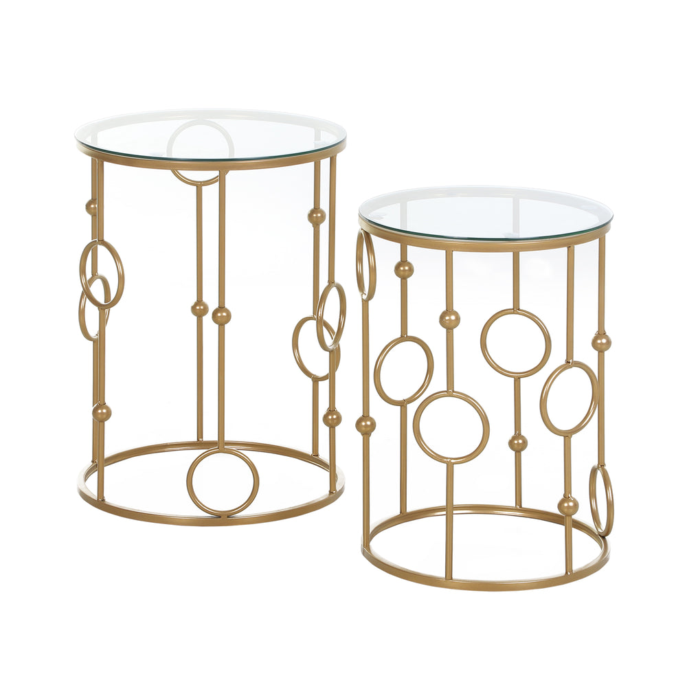 Set of 2 round gold coffee tables with tempered glass top