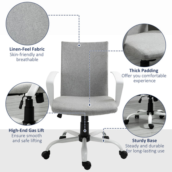 Linen office chair, mid-height back, reclining and swiveling, light grey