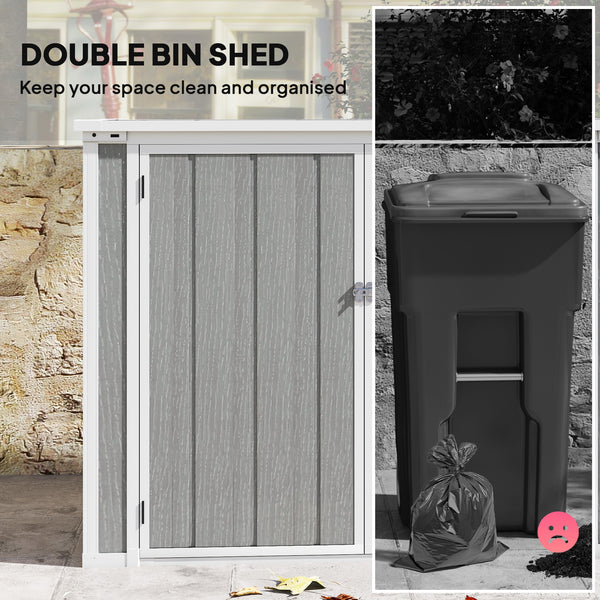 Garden shed for outdoor horizontal bin with chain lid, grey
