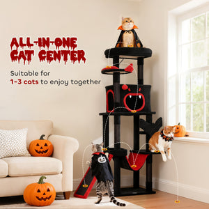 60" Tall Gothic Cat Tree with Coffin Bed, Scratching Posts &amp; Sisal Ramp, Black
