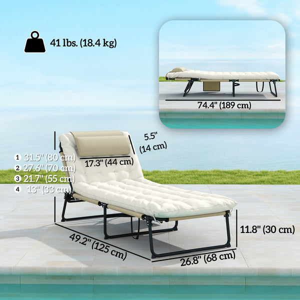 2-Piece Folding Lounge Chairs with Adjustable Backrest, Tanning Chair with Cushion, Side Pocket, Headrest, Beige