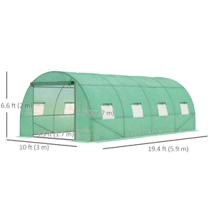 Tunnel greenhouse with roll-up zippered door, 8 mesh windows, green