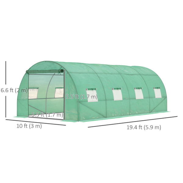 Tunnel greenhouse with roll-up zippered door, 8 mesh windows, green