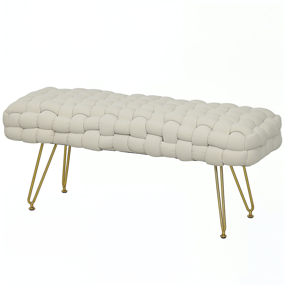 Velvet upholstered bed bench with gold metal legs, cream white