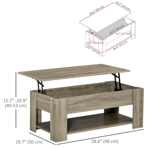 Lift-top coffee table with hidden storage compartment and open shelf, gray