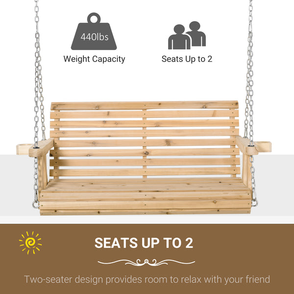 2 Seater Porch Swing Wooden Patio Swing Chair Seat with Cup Holder and Chains Outdoor Swing Bench for Garden Yard, Natural