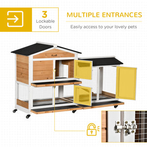 Wooden hutch with wheels, enclosure, tray, and ramp