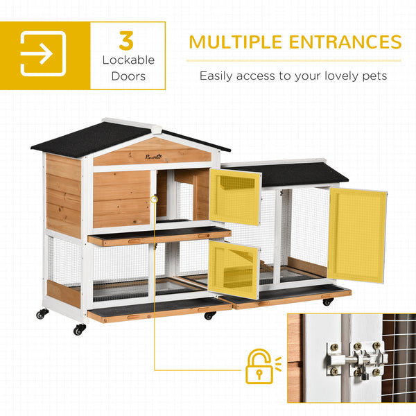 Wooden hutch with wheels, enclosure, tray, and ramp