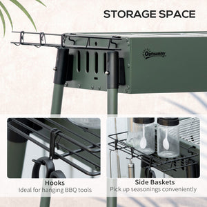 Portable charcoal barbecue with side spice baskets, dark green