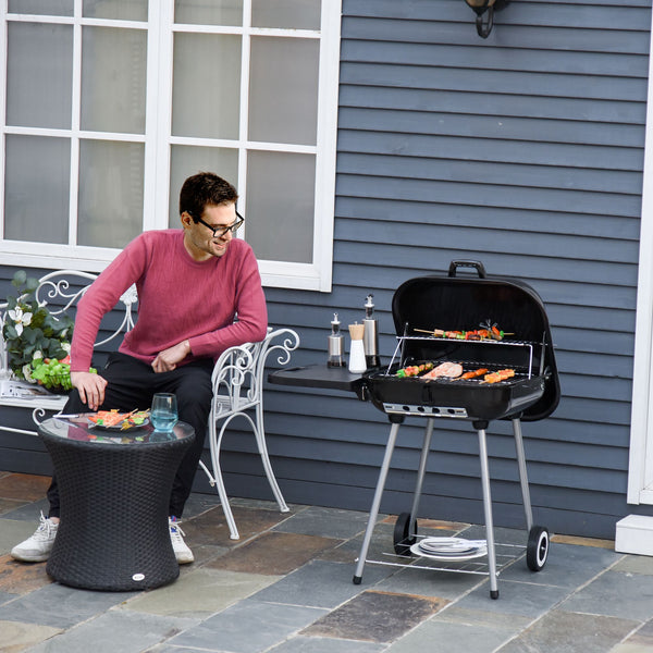 Charcoal BBQ Grill with Warming Rack & Storage Side Table, Portable Barbecue Smoker, 89 x 60 x 83 cm, Black