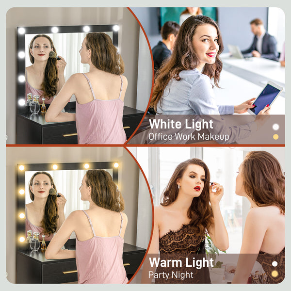 Dressing table with stool, LED illuminated mirror and drawers, black