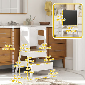 2-in-1 Toddler Kitchen Tower with Chalkboard and Safety Rail, White