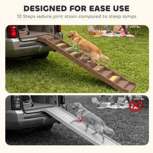 Foldable dog ramp, 10 steps, 55 lb capacity, brown