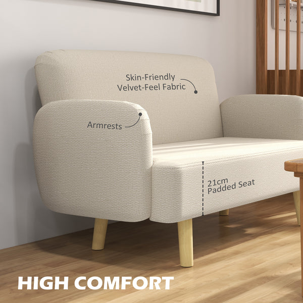 2 seater sofa in velvet fabric with upholstery and wooden legs, cream white