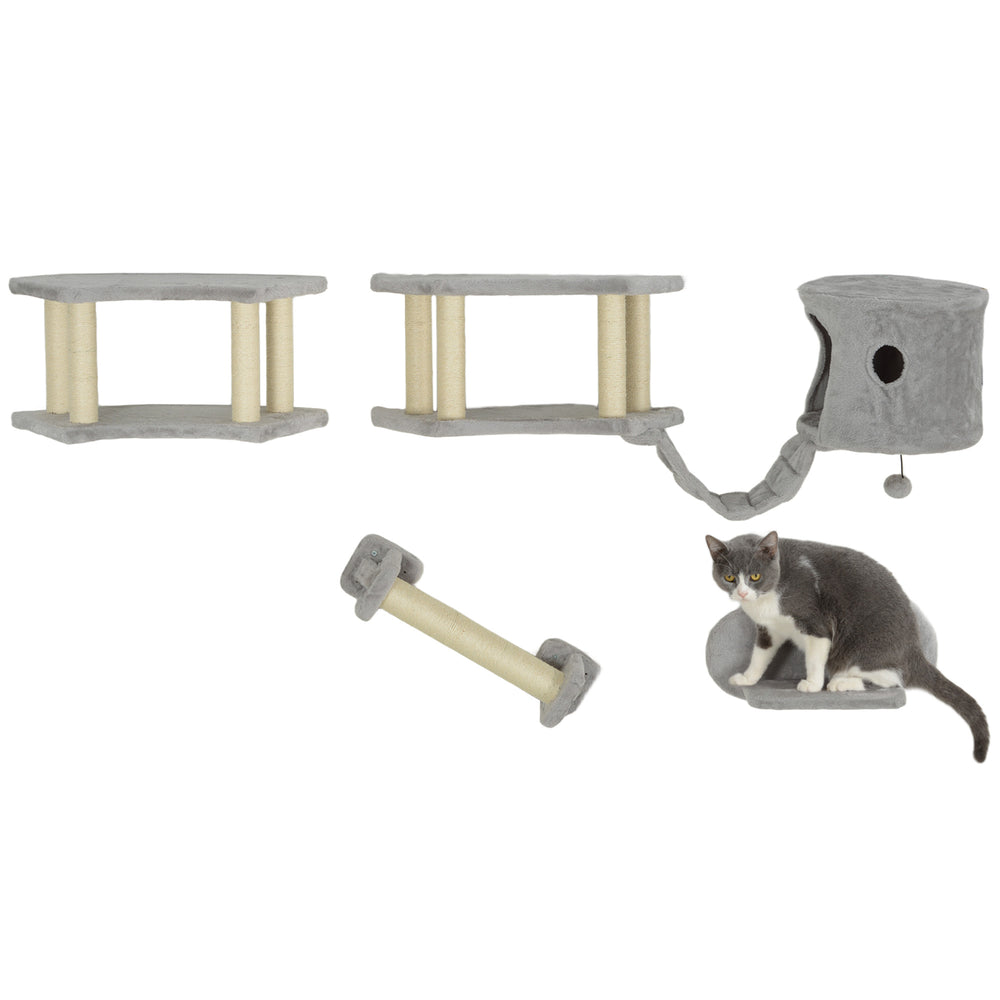 Wall-mounted cat tree with scratching post, ladder, hideaway and jumping platforms, light grey