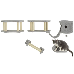 Wall-mounted cat tree with scratching post, ladder, hideaway and jumping platforms, light grey